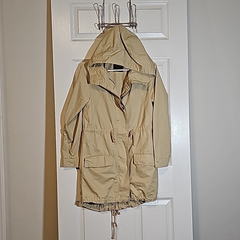 Love Tree Beige Cinched Trench Coat Jacket Zip Button Hood Pockets Cotton Size S - Picture 2 of 10
